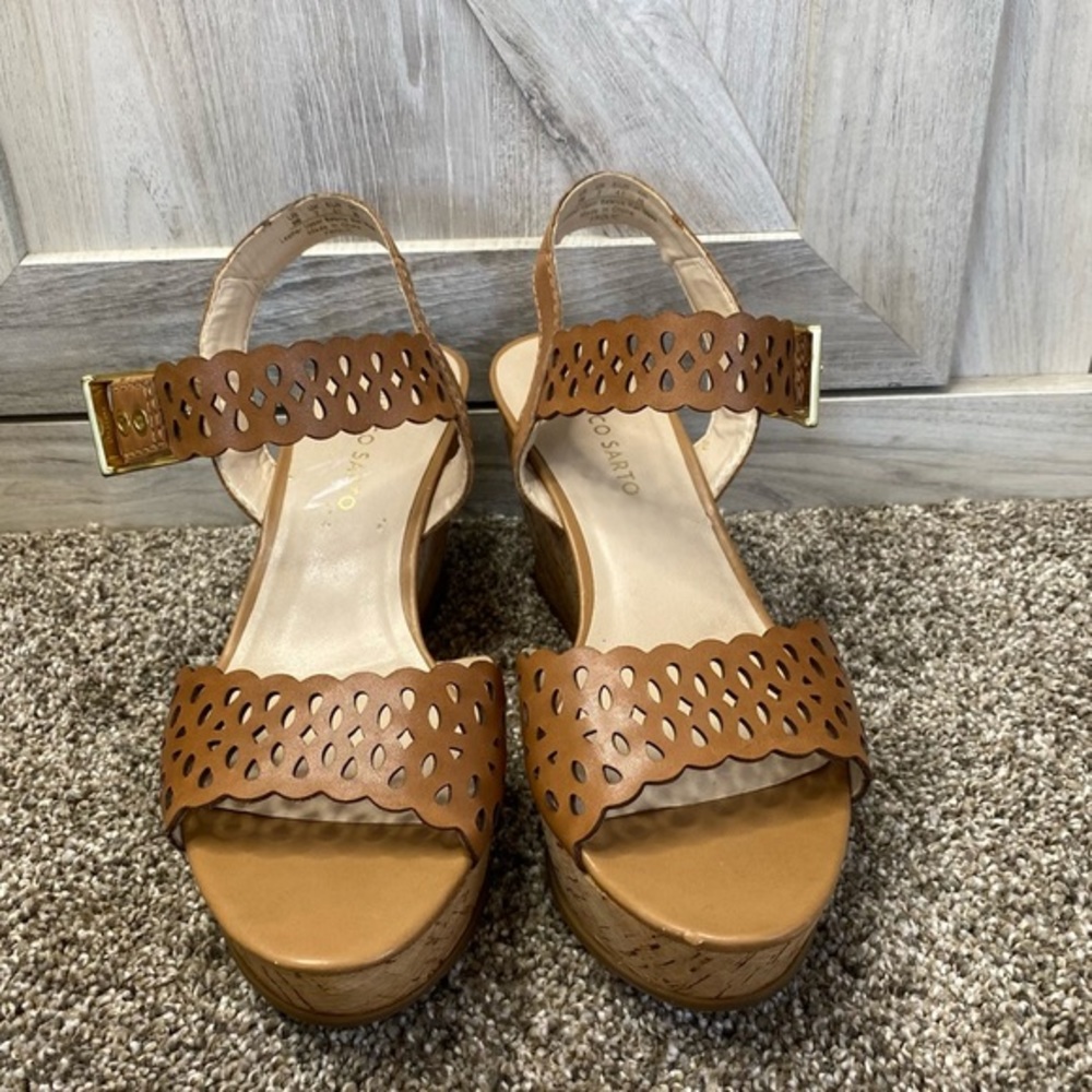 Franco Sarto Brown Frolic Cork Wedge  Platform Laser Cut Sandals 9